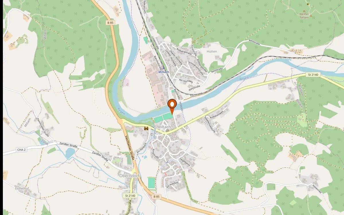 Anfahrtskarte: Holztechnik Heigl GmbH, Bahnhofstraße 21, 93468 Miltach — direkt am Regen, nahe der B85