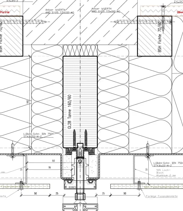 Ausschnitt aus der Werkplanung: Vertikalschnitt eines Holz-Alu-Pfostens (GL28 Tanne) mit Verankerung und Dämmebene